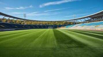 AI generated Panoramic view of the empty football stadium with green grass and blue sky photo