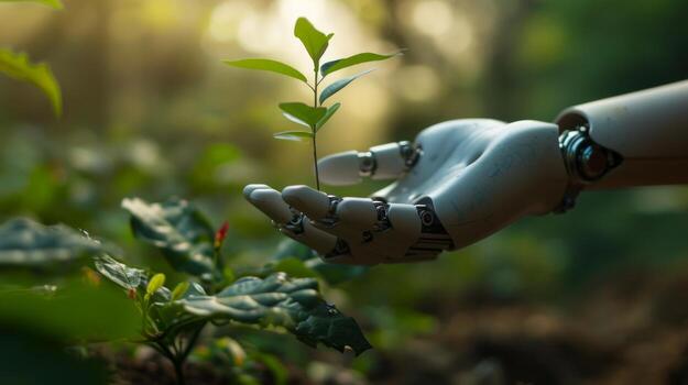 ai generado robótico mano suavemente plantando un joven árbol foto