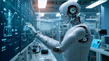 AI generated Robot Analyzing Data on Futuristic Interface photo