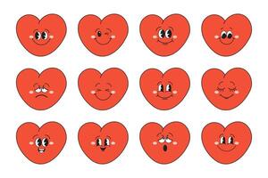 Set of hearts of funny cartoon characters with different emotions. Cartoon heart mascots. Fashionable emoticons in retro style. Vector