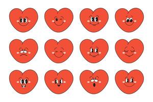 conjunto de corazones de gracioso dibujos animados caracteres con diferente emociones dibujos animados corazón mascotas de moda emoticones en retro estilo. vector