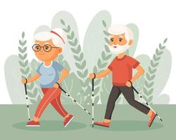 Happy grandparents go in for sports, yoga, walks. A couple of elderly people are exercising. Flat illustration in cartoon style, vector