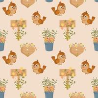 Seamless spring pattern, cute birds, birdhouses, buckets of flowers on a light background. Background, baby wallpaper, textile, vector