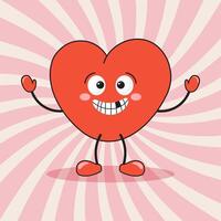 Heart funny cartoon character on retro background. Cartoon mascot heart. Fashionable smiley face in retro style. Vector