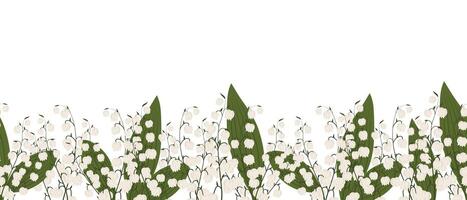 Seamless border, spring flowers lilies of the valley. Spring background with copy space. Illustration, template, print, vector