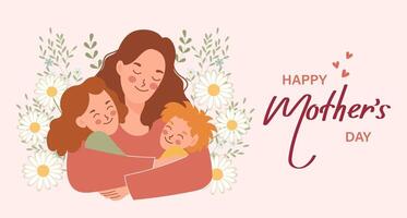 Happy Mother's Day banner. Young woman mother with children, son and daughter. Flat illustration in cartoon style, vector