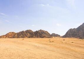 The beautiful Egyptian Sinai Peninsula with yellow sand, desert, plateaus and high and magnificent mountains, which is located on the borders with Palestine and Gaza, which contains the Suez Canal photo