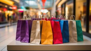 Colorful paper shopping bags in shopping mall photo