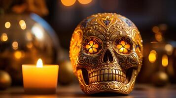 Sugar skull with burning candle in the background. Halloween concept. photo