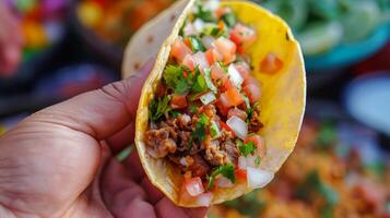 ai generado delicioso taco con Fresco ingredientes retenida en mano foto