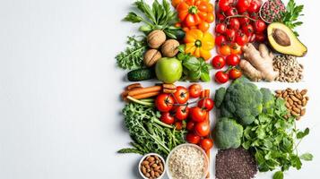 AI generated Assorted Fresh Vegetables and Healthy Nuts on White Background photo