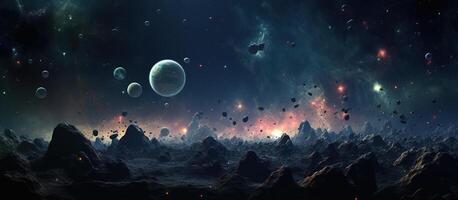 AI generated Fantasy landscape with planet and nebula. 3d illustration. photo