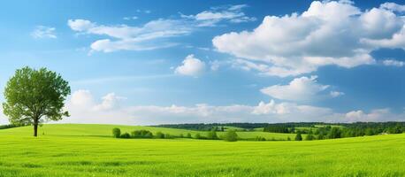 Green meadow and blue sky with clouds. Panoramic view. photo