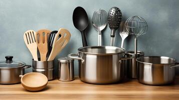 AI generated Kitchen utensils on wooden table over blue wall background. photo