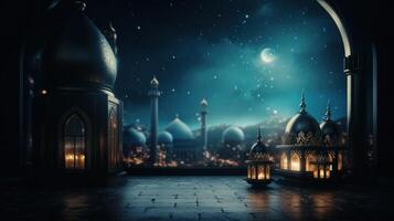 ai generado de luna mezquita en estrellado noche foto