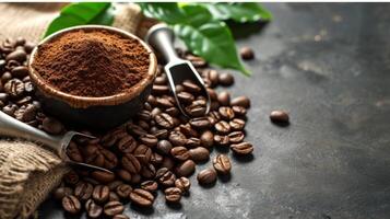 AI generated Ground Coffee and Beans with Scoop on Dark Surface photo