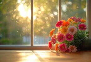 AI generated Vibrant Flowers Adorning a Window View photo