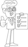 Outlined Happy Businessman Cartoon Character Holding Clipboard And Giving Thumbs Up. Vector Hand Drawn Illustration