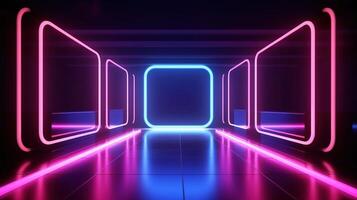 AI generated 3D abstract background with neon lights. neon tunnel.space construction. 3d illustration photo