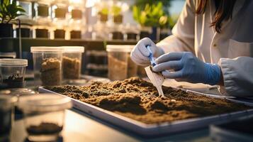 Scientist working with soil in laboratory, science and biotechnology concept photo