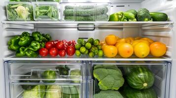 ai generado organizado refrigerador cargado con Fresco vegetales y frutas foto