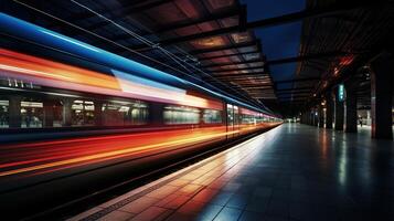 alto velocidad tren en el ciudad a noche foto
