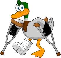 Sad Duck Cartoon Character With Crutches And Plastered Leg. Vector Illustration Isolated On White Background