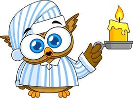 Baby Owl Cute Cartoon Character With Pajamas Holding A Candle. Vector Illustration Isolated On White Background