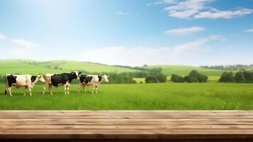 ai generado vacas pasto en verde prado y azul cielo con blanco nubes foto
