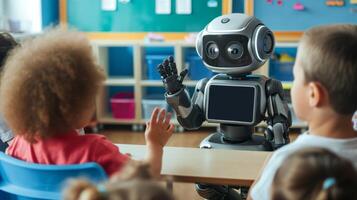 ai generado generado imageninnovadora robot educador atractivo con joven estudiantes foto