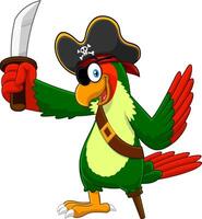 Parrot Pirate Bird Cartoon Character With Sword. Vector Illustration Isolated On White Background