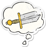 cartoon dagger and thought bubble as a distressed worn sticker png