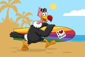 Vulture Bird Cute Cartoon Character Running With A Surfboard. Vector Illustration With Palms And Beach Background