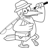 Outlined Kingfisher Bird Cute Cartoon Character Walking With Fishing Rod vector