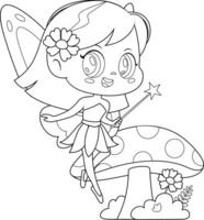 Outlined Cute Tooth Fairy Girl Cartoon Character Flying With Magic Wand vector