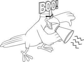 Outlined Crow Bird Character Screaming Into Megaphone And Giving Thumbs Down vector