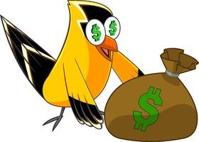 Goldfinch Bird Cartoon Character With Money Bag. Vector Illustration Isolated On White Background