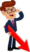 Sad Businessman Cartoon Character Crying And Holding Arrow Down. Vector Illustration Flat Design