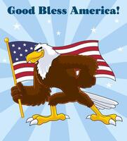 Eagle Bird Cartoon Character Waving American Flag. Vector Illustration With Background And Text