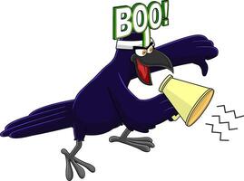 cuervo pájaro personaje gritando dentro megáfono y dando pulgares abajo. vector ilustración aislado en blanco antecedentes
