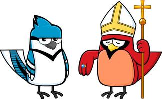 Blue Jay Bird And Red Cardinal Bird Cartoon Characters. Vector Illustration Isolated On White Background