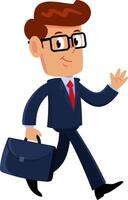 Smiling Businessman Cartoon Character Walking To Work With Briefcase And Waving. Vector Illustration Flat Design