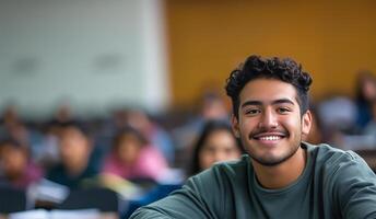 ai generado académico alegría latino estudiantes salón de clases sonrisa foto