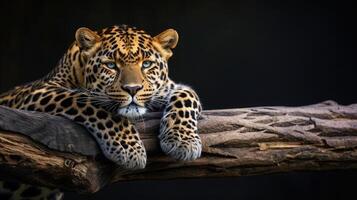 ai generado leopardo descansando en un Iniciar sesión en contra un negro antecedentes foto