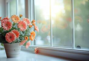 ai generado vibrante flores adornando un ventana ver foto