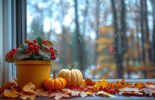 AI generated Thanksgiving Window Charm, Pumpkins and Nightshade on Maple Leaves photo