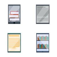 Online library icons set cartoon vector. Smartphone with various book on screen vector