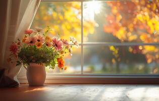 AI generated Vibrant Flowers Adorning a Window View photo