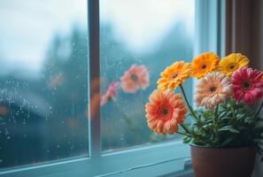 AI generated Vibrant Flowers Adorning a Window View photo