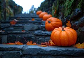 AI generated Pumpkin Decorations on Stone Steps photo